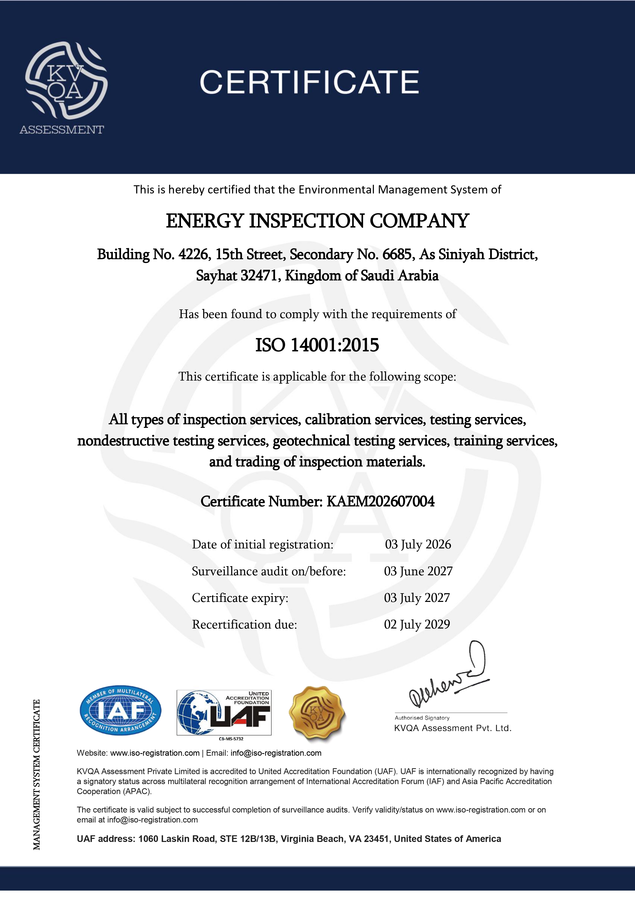 ISO 14001:2015 Certificate